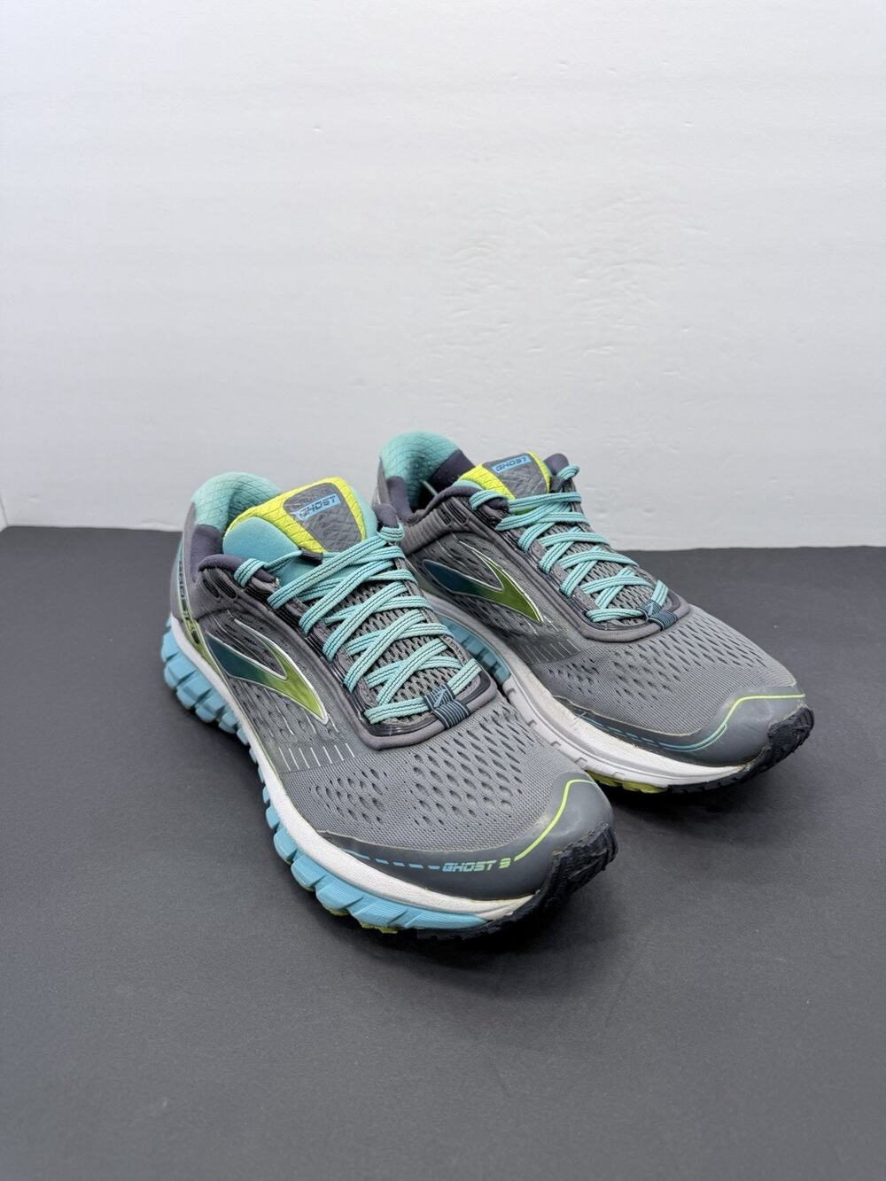 Brooks Ghost 9 Womens Running Shoes Size 9 B Grey Blue Lime Cushion Sneakers